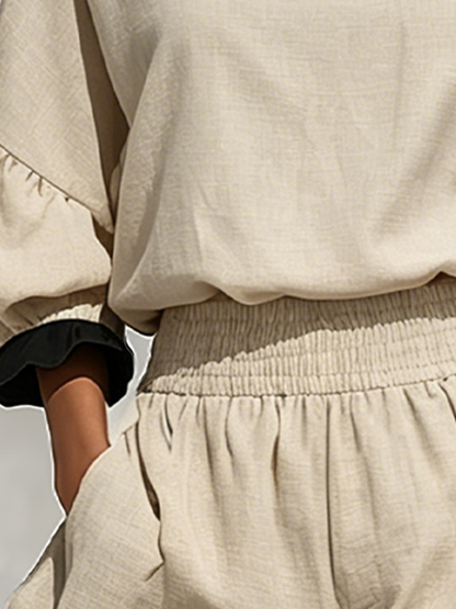 Dora — Completo due pezzi in lino con pantaloni beige