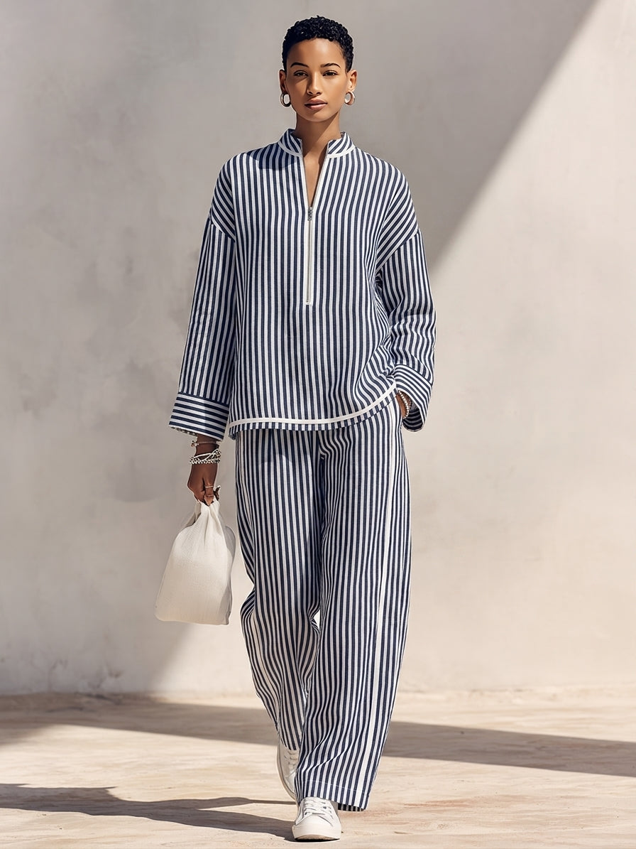 Chiara — Completo due pezzi in lino con pantaloni blu