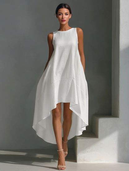 Attilia — Abito midi in lino con girocollo bianco