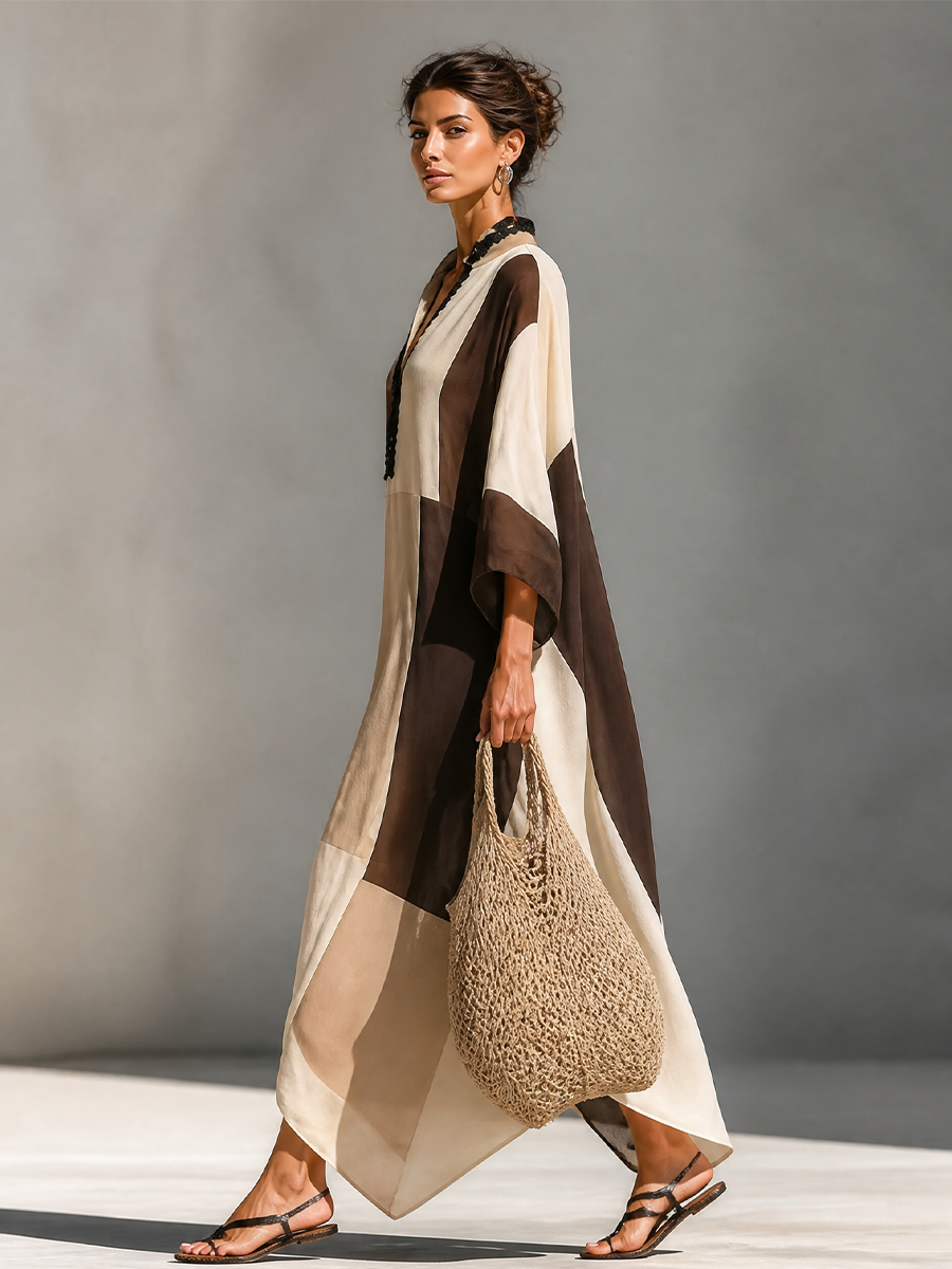 Incoronata — Abito lungo in lino color block marrone e beige