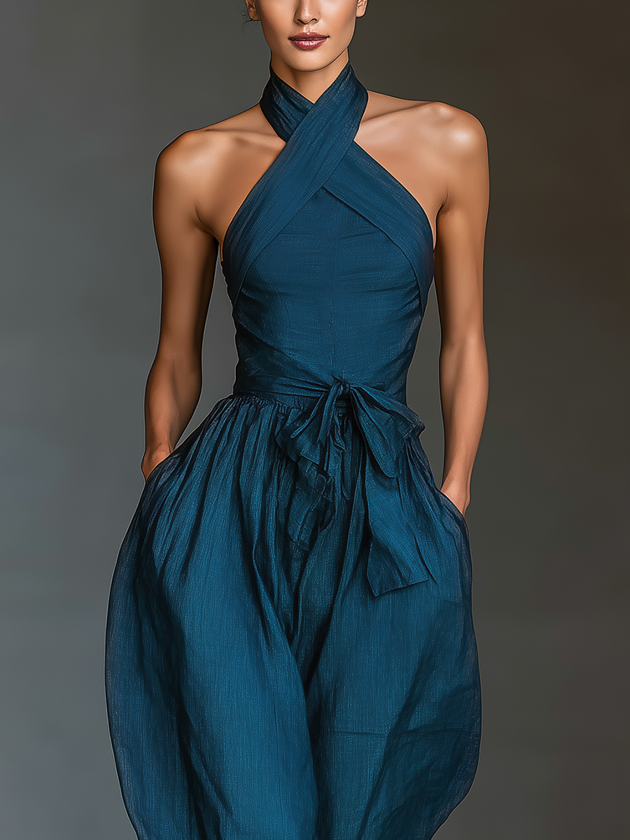 Donata — Tuta intera in lino senza maniche blu navy