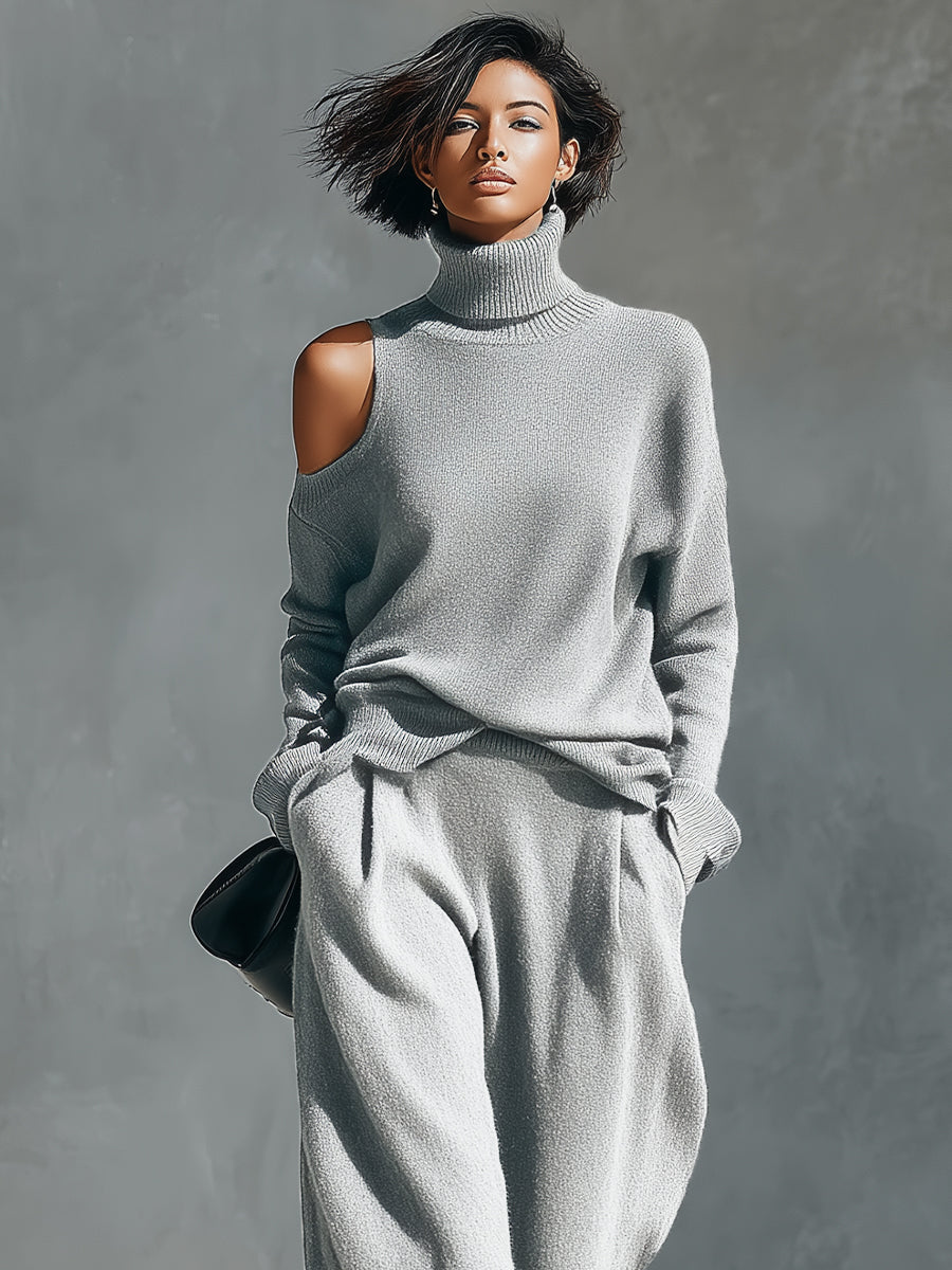 Dalia — Completo due pezzi in maglia con pantaloni a gamba larga grigio