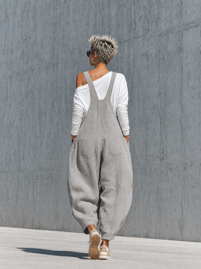Fulvia — Salopette in cotone e lino con scollo quadrato