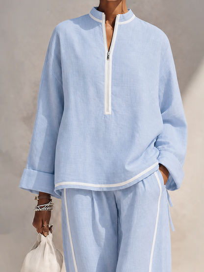 Chiara — Completo due pezzi in lino con pantaloni blu
