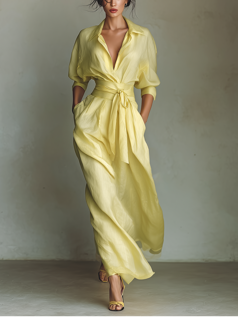 Stefanella — Abito camicia in cotone e lino con scollo a V