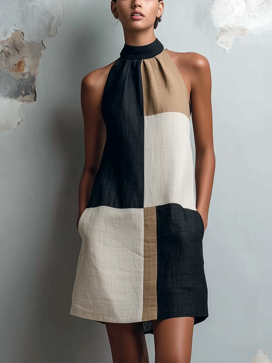 Sabrina — Abito corto color block con collo all’americana