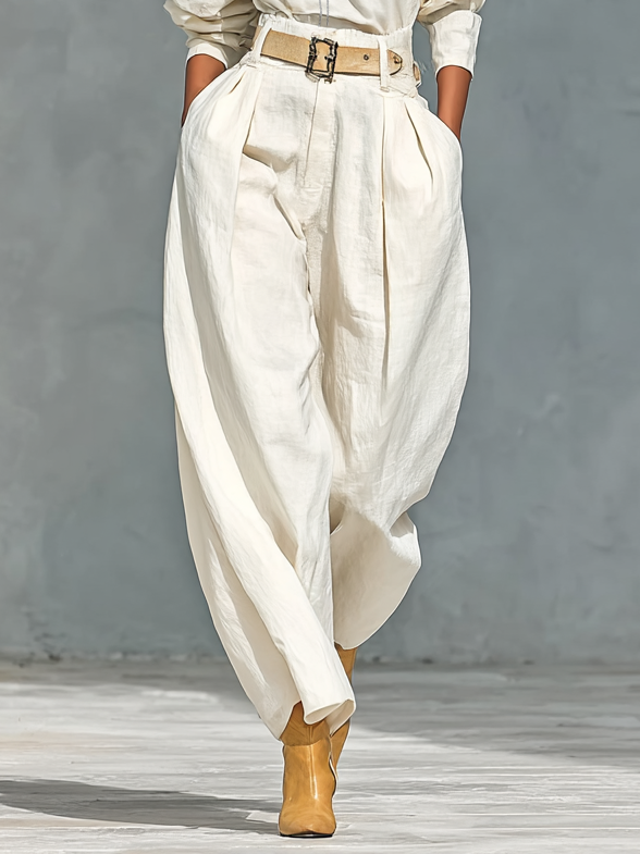 Delia — Completo due pezzi in cotone e lino con pantaloni bianco