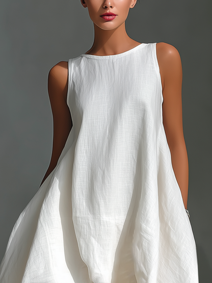 Attilia — Abito midi in lino con girocollo bianco