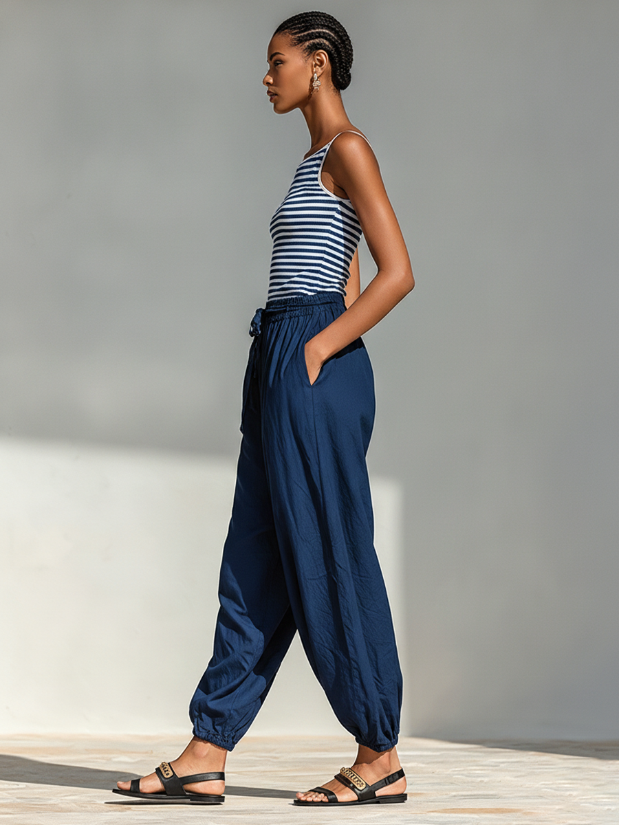 Assunta — Completo due pezzi in cotone a righe blu navy e bianco