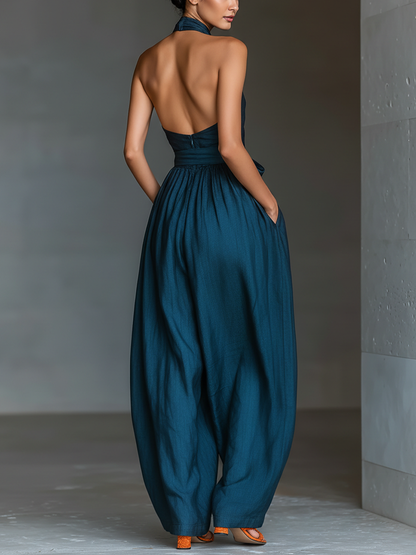 Donata — Tuta intera in lino senza maniche blu navy