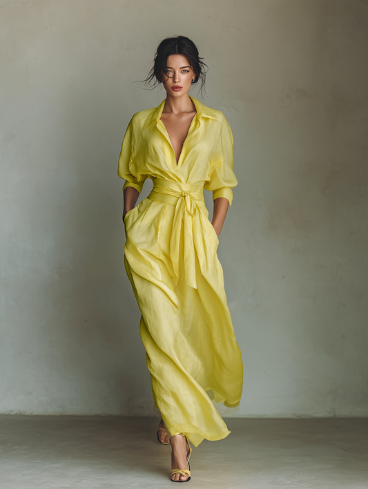 Stefanella — Abito camicia in cotone e lino con scollo a V