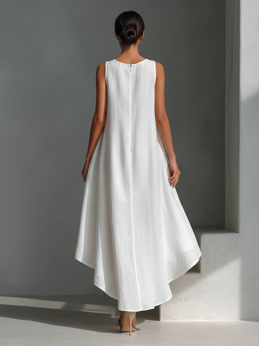 Attilia — Abito midi in lino con girocollo bianco