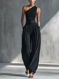 Clara — Completo due pezzi in maglia con pantaloni a gamba larga nero