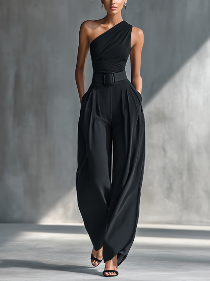 Clara — Completo due pezzi in maglia con pantaloni a gamba larga nero