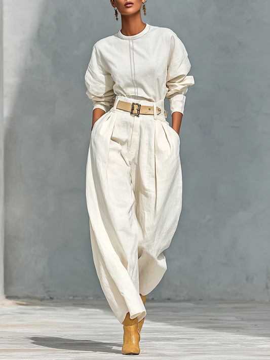 Delia — Completo due pezzi in cotone e lino con pantaloni bianco