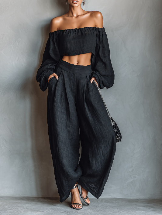 Bruna — Completo due pezzi in lino con pantaloni a gamba larga nero