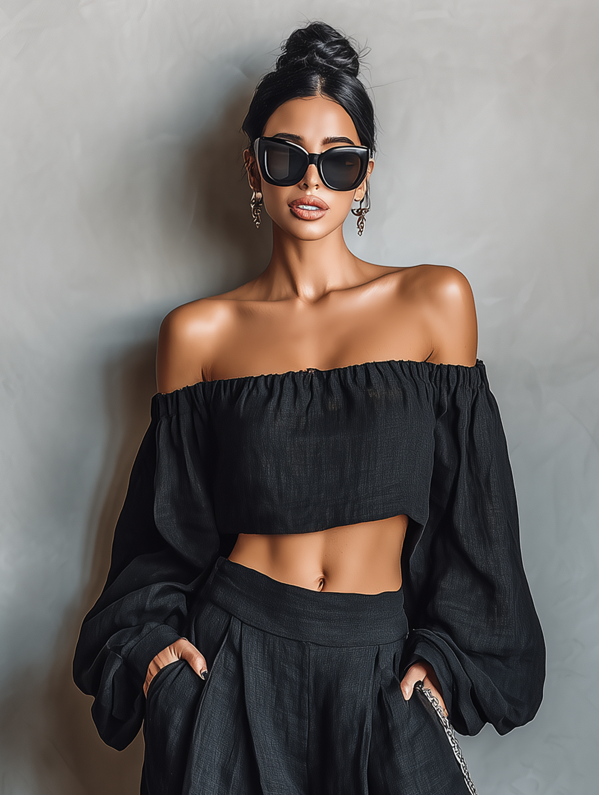 Bruna — Completo due pezzi in lino con pantaloni a gamba larga nero