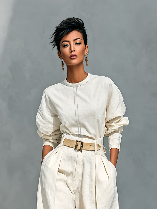 Delia — Completo due pezzi in cotone e lino con pantaloni bianco