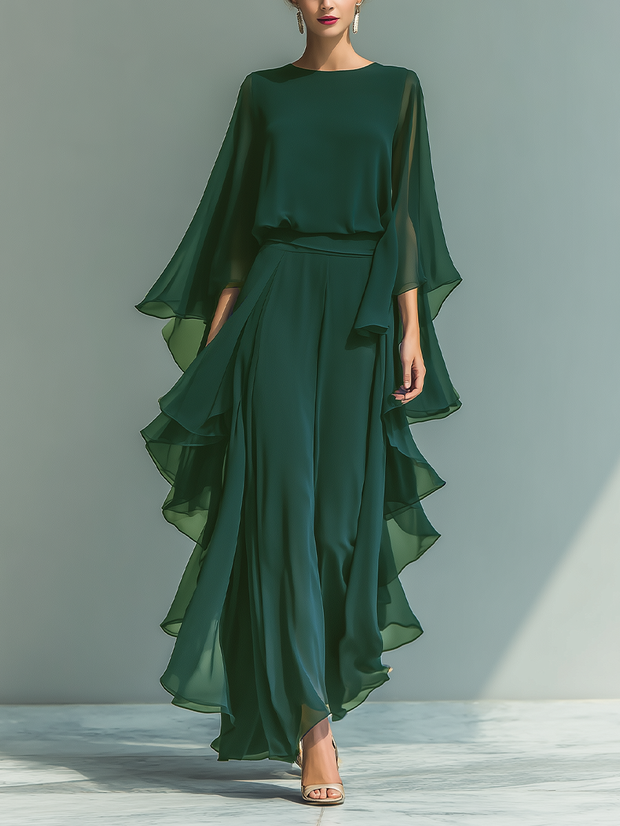 Carla — Completo due pezzi in chiffon con pantaloni dritti