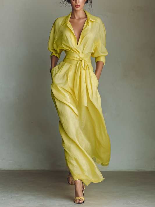 Stefanella — Abito camicia in cotone e lino con scollo a V