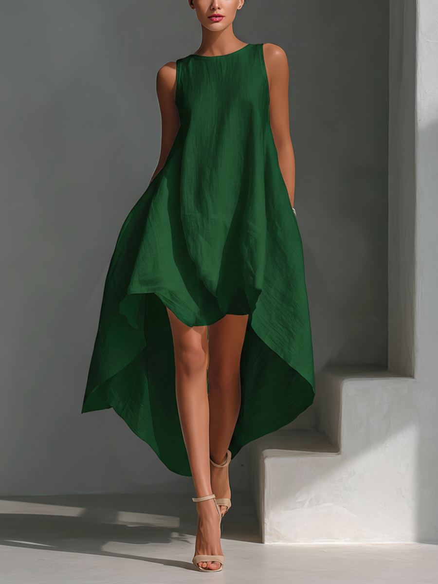 Attilia — Abito midi in lino con girocollo bianco