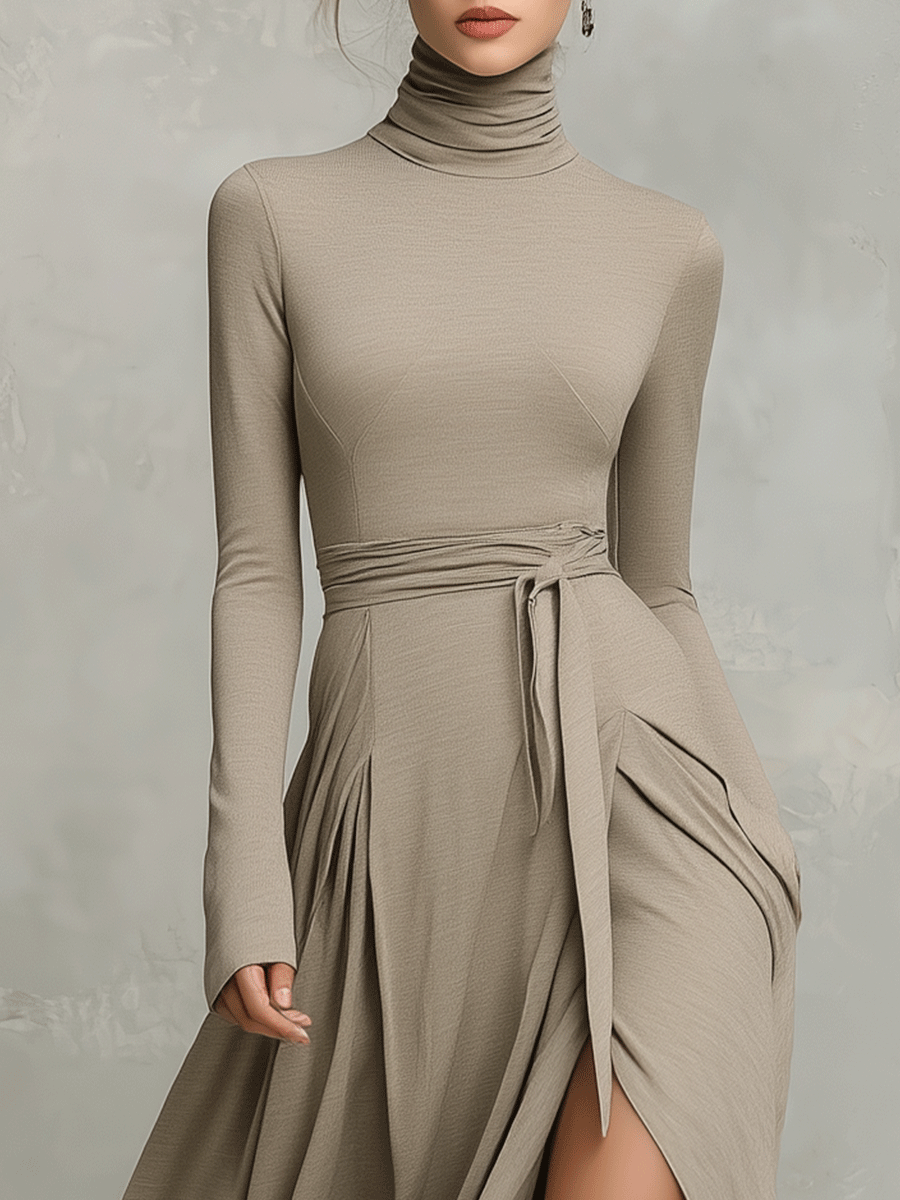 Crescenza — Abito midi in maglia con collo alto beige