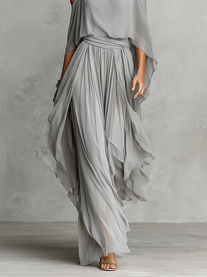 Brigida — Completo due pezzi in chiffon con pantaloni a gamba larga