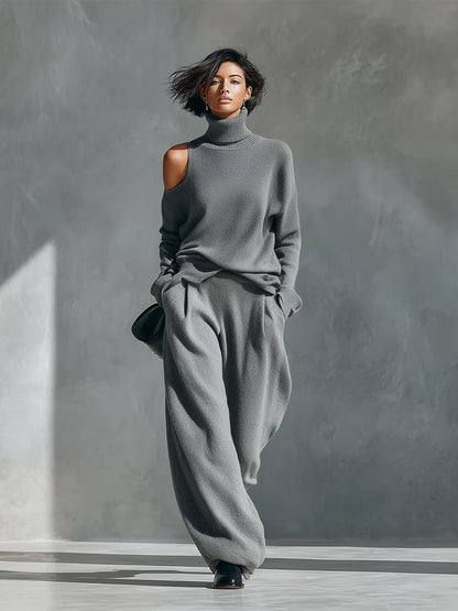 Dalia — Completo due pezzi in maglia con pantaloni a gamba larga grigio