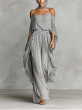 Brigida — Completo due pezzi in chiffon con pantaloni a gamba larga