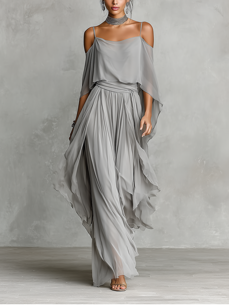 Brigida — Completo due pezzi in chiffon con pantaloni a gamba larga