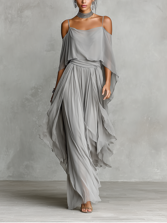 Brigida — Completo due pezzi in chiffon con pantaloni a gamba larga