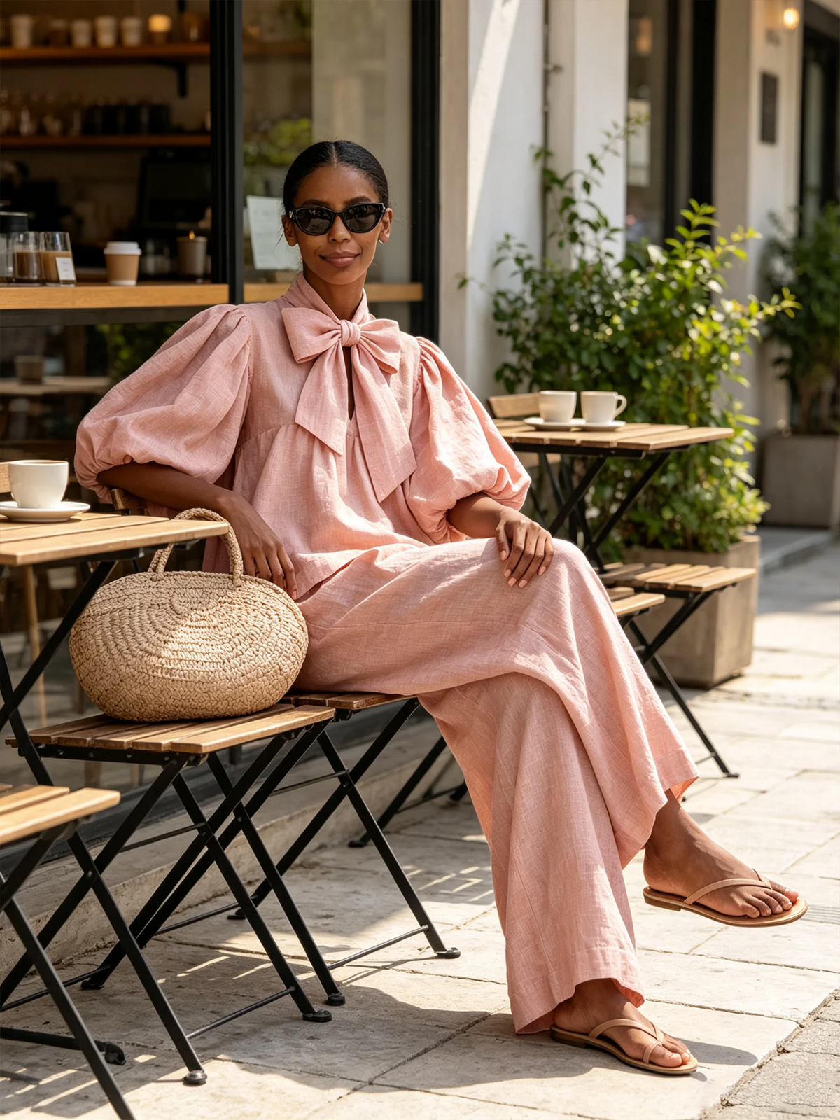 Delia — Completo con top a fiocco e pantaloni a gamba larga