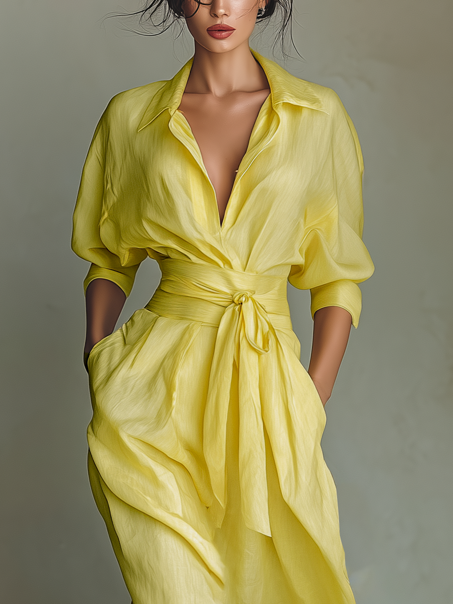 Stefanella — Abito camicia in cotone e lino con scollo a V
