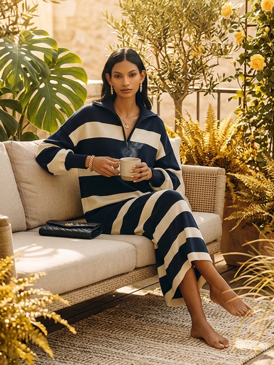 Flavia — Completo due pezzi in cotone a righe blu navy e bianco