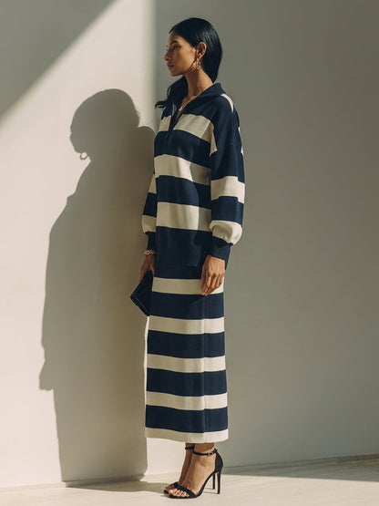 Flavia — Completo due pezzi in cotone a righe blu navy e bianco