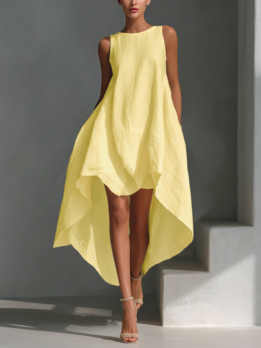 Attilia — Abito midi in lino con girocollo bianco