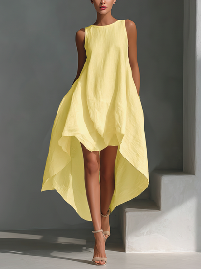 Attilia — Abito midi in lino con girocollo bianco