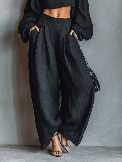 Bruna — Completo due pezzi in lino con pantaloni a gamba larga nero