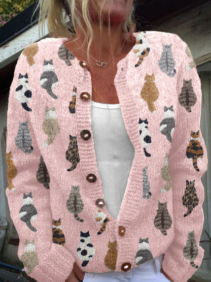Charlotte — Cardigan in maglia con stampa gatti