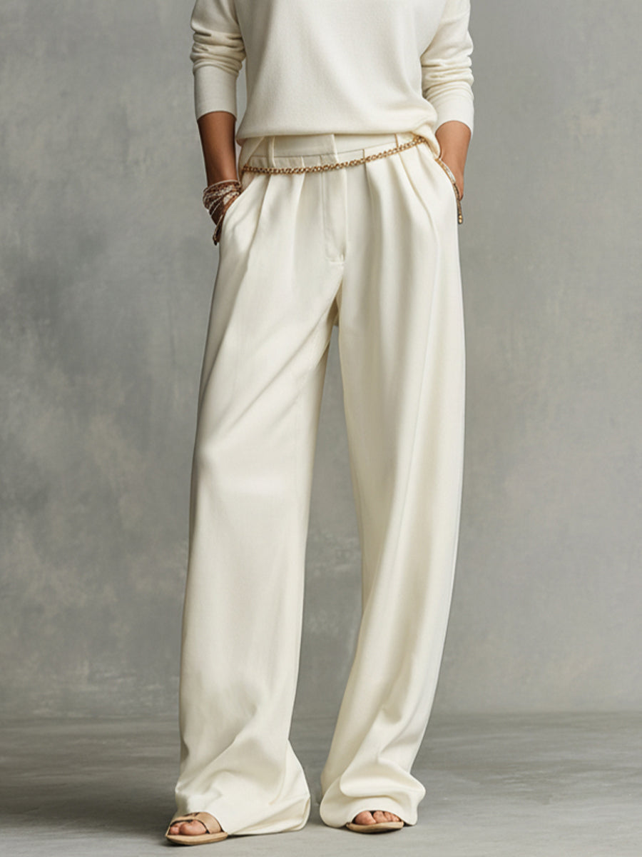 Elena — Completo due pezzi in maglia con pantaloni a gamba larga crema