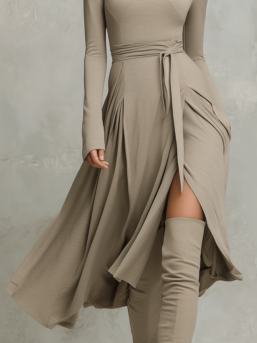 Crescenza — Abito midi in maglia con collo alto beige
