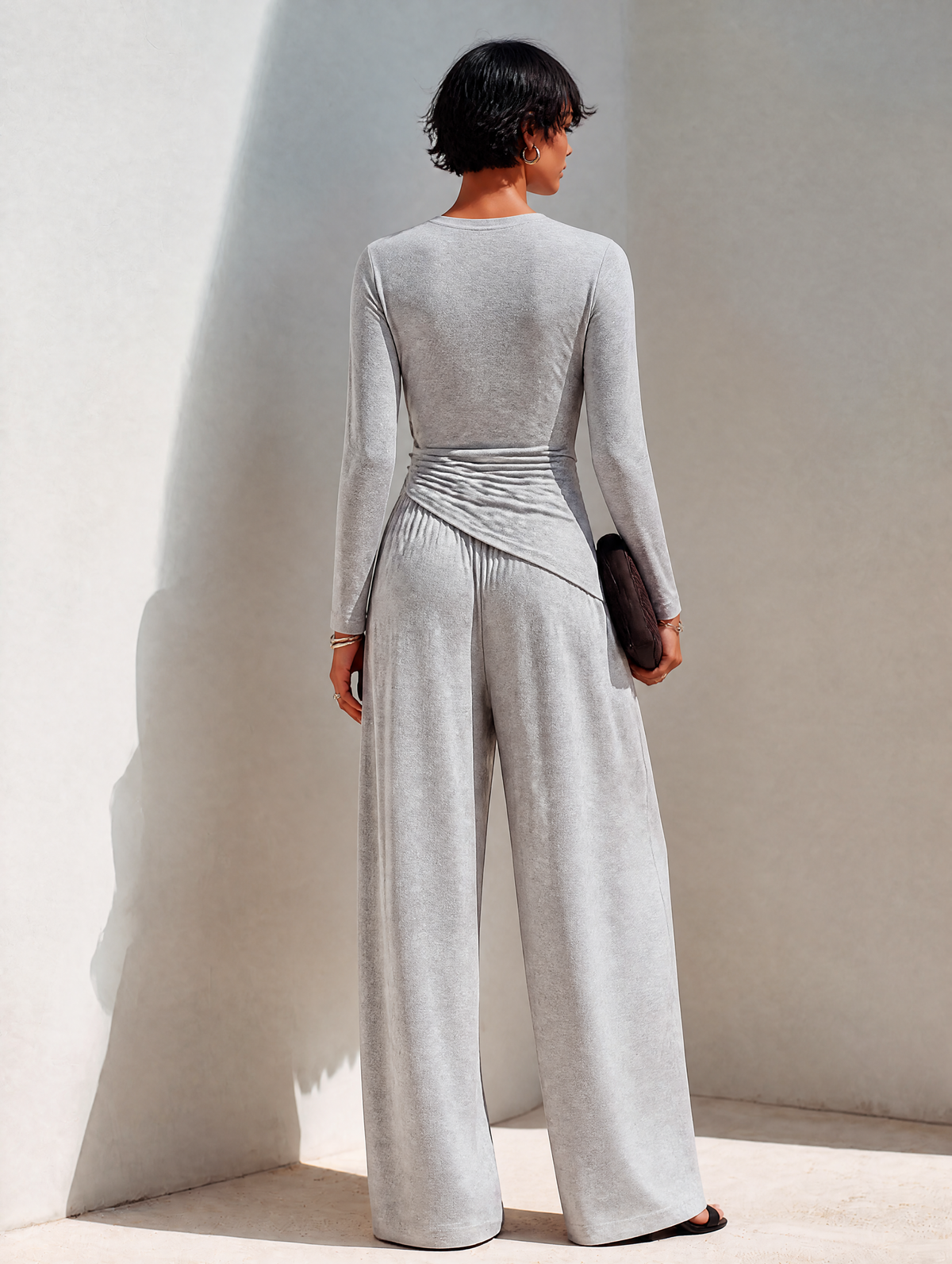 Fabiana — Completo due pezzi in maglia con pantaloni a gamba larga grigio
