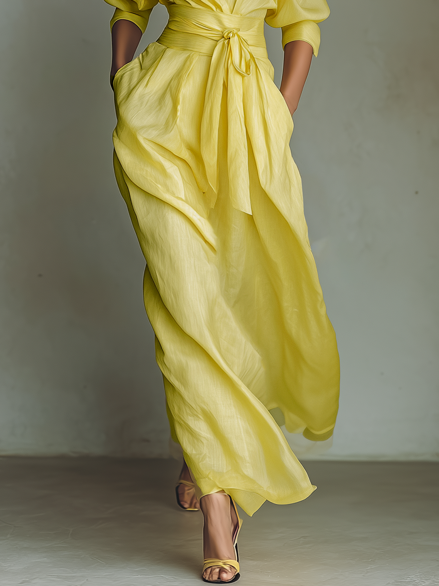 Stefanella — Abito camicia in cotone e lino con scollo a V