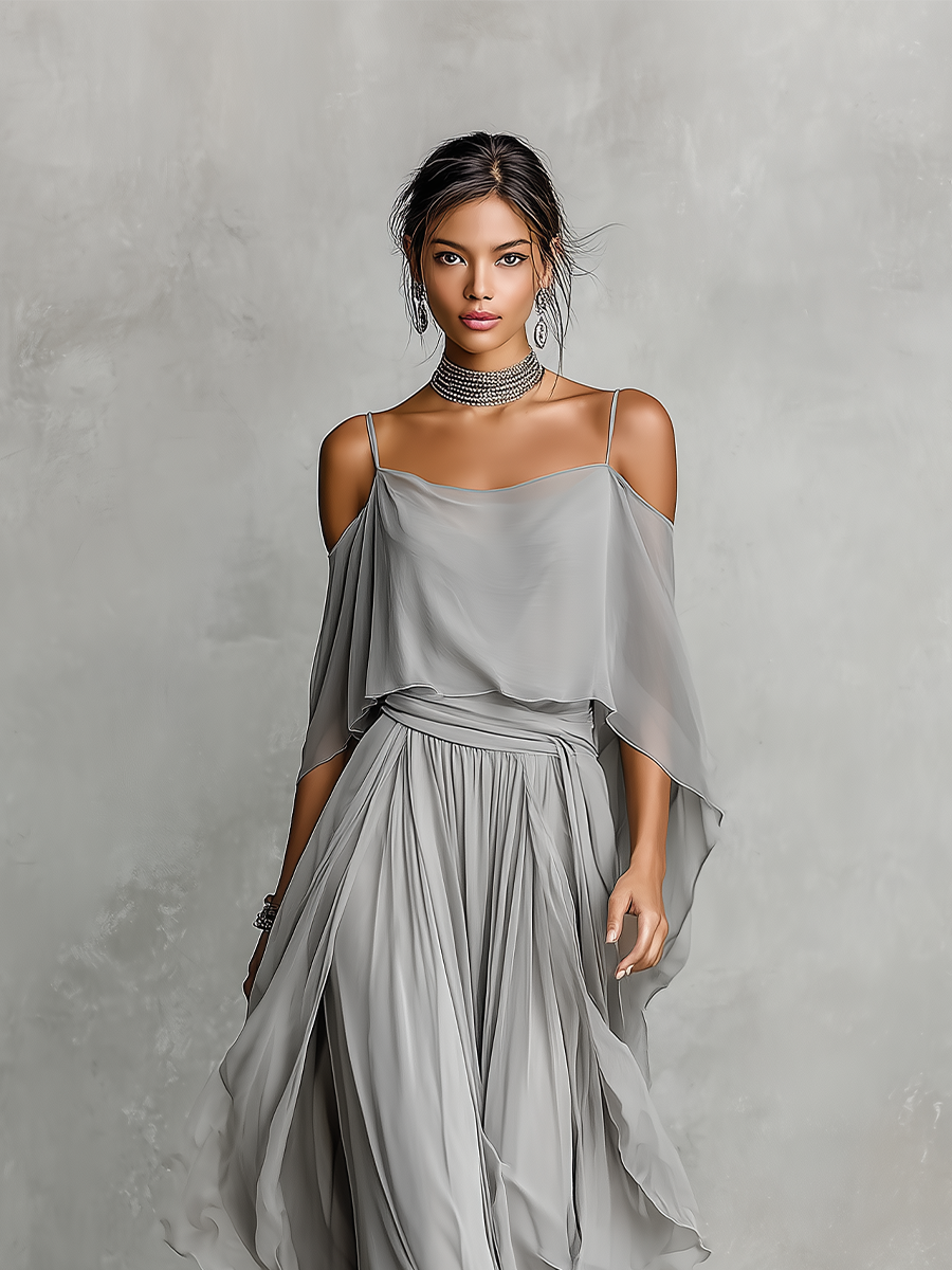 Brigida — Completo due pezzi in chiffon con pantaloni a gamba larga