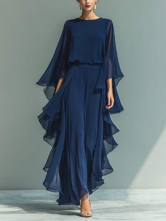 Carla — Completo due pezzi in chiffon con pantaloni dritti