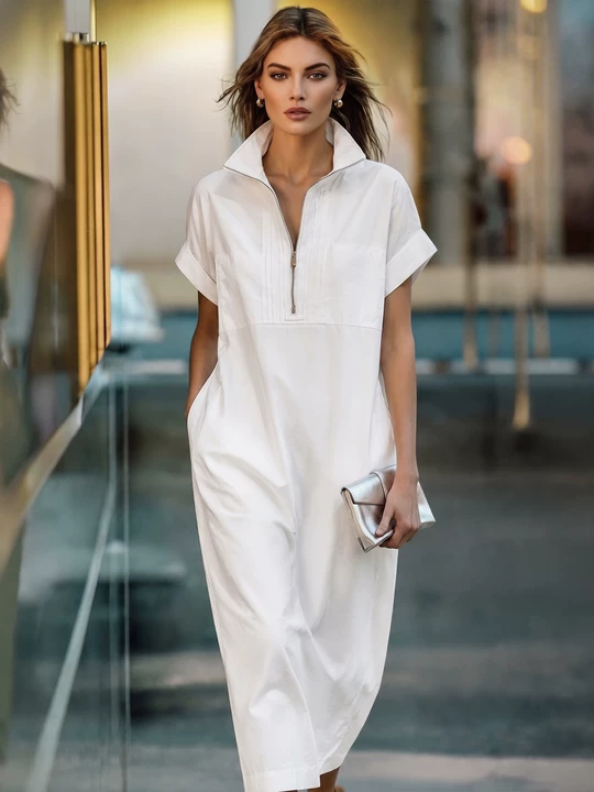Andreina — Abito camicia in cotone con mezza zip