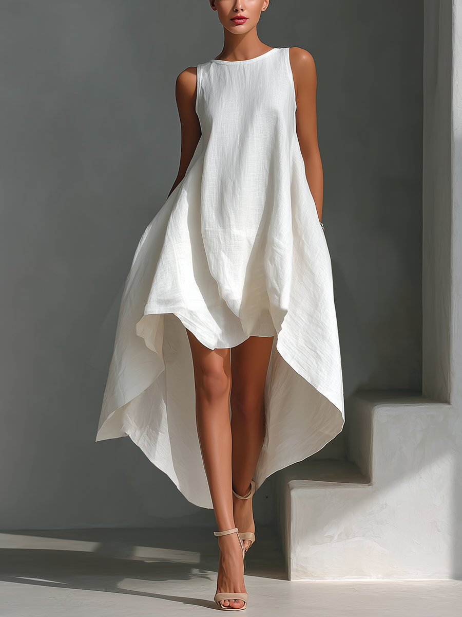 Attilia — Abito midi in lino con girocollo bianco