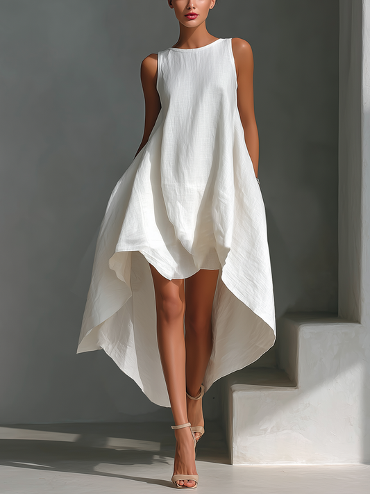 Attilia — Abito midi in lino con girocollo bianco
