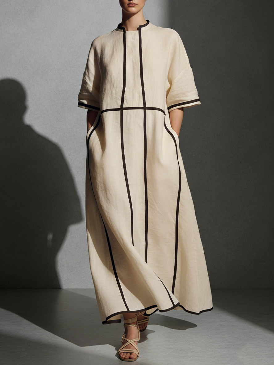 Diamante — Abito lungo in lino con collo alla coreana beige