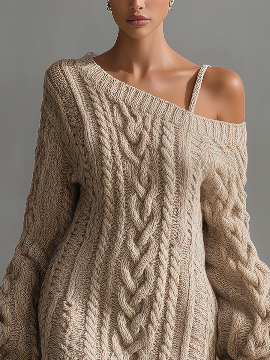 Firmina — Abito corto in maglia con spalle scoperte beige